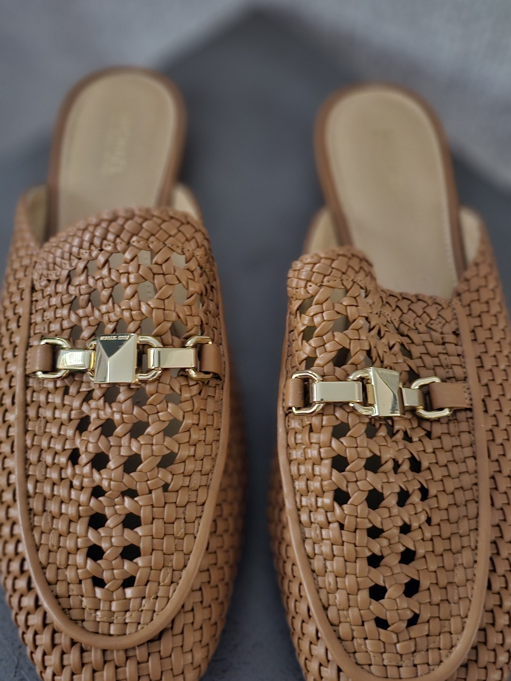 Michael Kors Tan Woven Leather Mules with Gold Accent